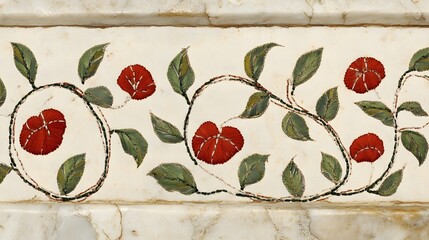 Floral Embroidery Design on Marble Surface Red Flowers Green Leaves