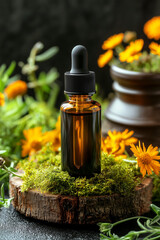 Luxurious Natural Cosmetic Bottle with Calendula Extract in Meadow Among Calendula Flowers and Fresh Herbs