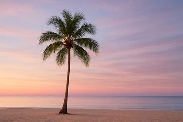 tranquil palm tree by the beach at dawn, with soft pastel skies reflecting over calm waters