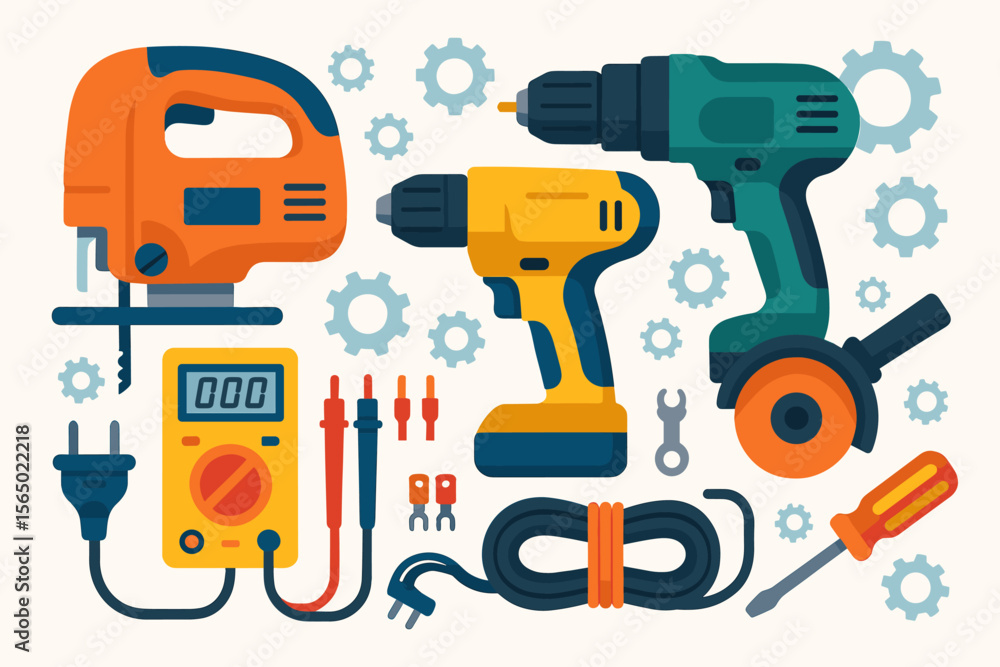 Poster workshop tools vector illustration: drill and power tool set in flat style design for posters and ed