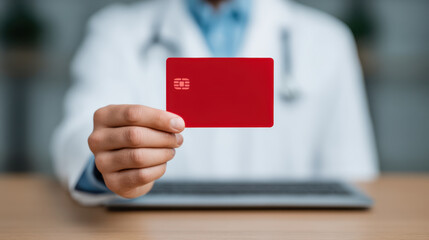 Red card held by medical professional in white coat with stethoscope, symbolizing healthcare access and insurance support