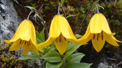 Three Yellow Bell-Shaped Wildflowers Trio Blooming in Nature