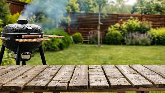 Grilling delicious meals in a vibrant garden on a sunny day with greenery and a cozy wooden table. The perfect summer atmosphere awaits