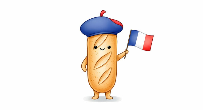 Cute French Baguette Character Celebrating Bastille Day with Flag and Beret