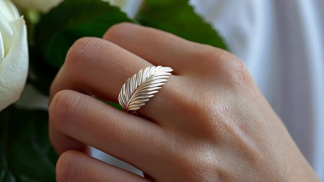 A beautifully crafted leaf ring is elegantly worn, set against a backdrop of lush white roses, creating a calming and refined atmosphere