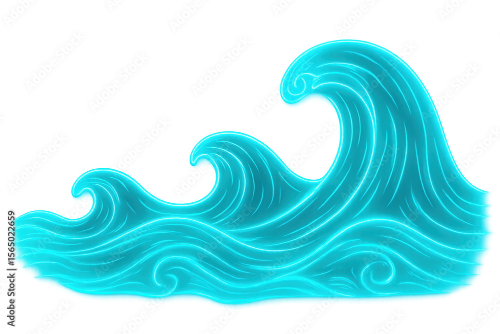 Poster neon blue waves breaking dynamically, generating vibrant luminescent pattern against transparent bac