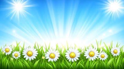 Sunny Day Daisies in Green Grass Meadow