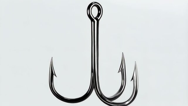 Fishing treble hook with shiny metal finish for recreational fishing on a clean white backdrop, equipment for catching aquatic animals.
