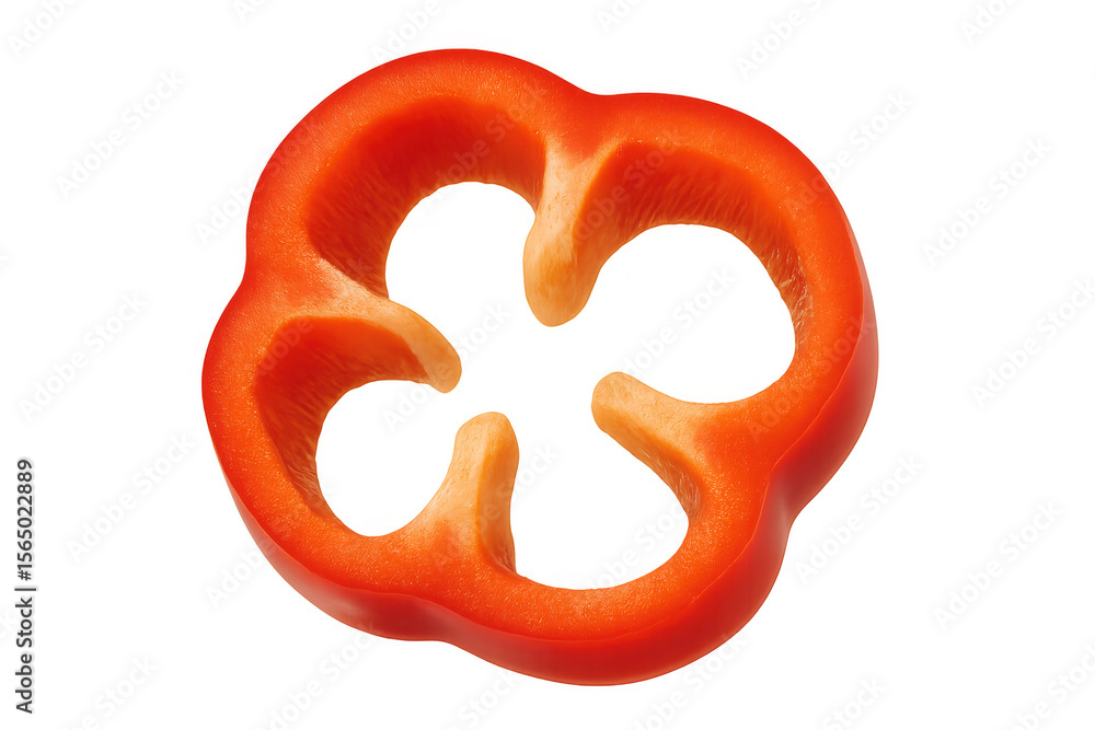 Poster close-up of a red bell pepper slice revealing its intricate internal structure, isolated on a transp