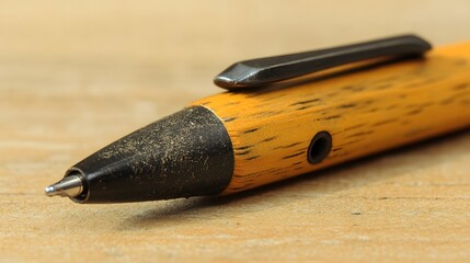 Closeup of Worn Wooden Pen on Wood Desk