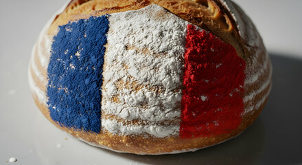 Traditional French Sourdough Bread Loaf with French Flag Colors for Bastille Day Celebration