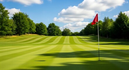 Obraz premium Lush green golf course with red flag under blue sky grass fairway