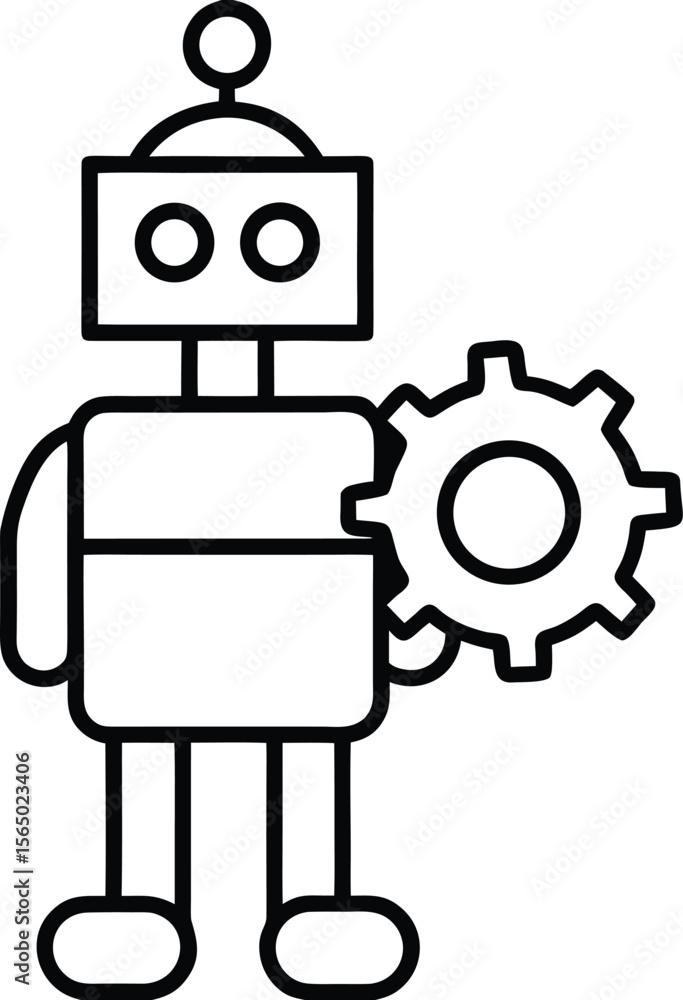 Poster friendly robot with a mechanical gear isolated on transparent background