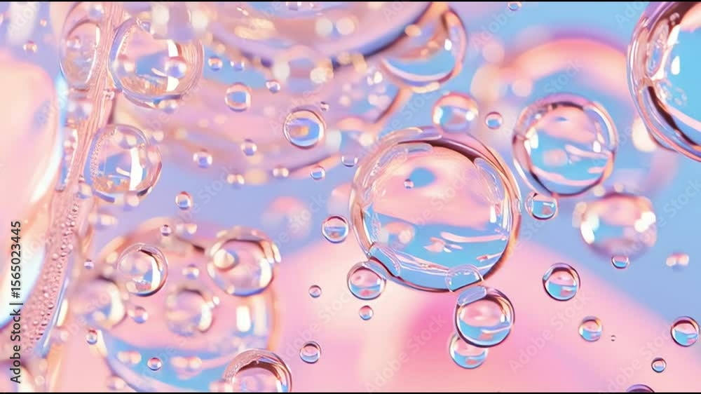 Poster bubbles floating in liquid create a mesmerizing display of light and color under soft pastel tones
