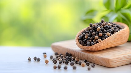 "Vintage Wooden Spoon with Black Pepper Seeds"
