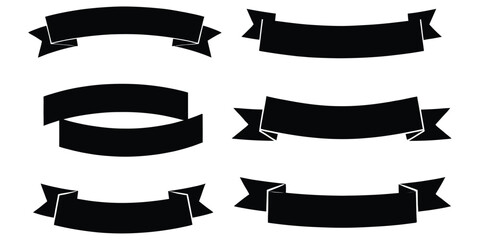Collection of Six Black Ribbon Banners in Various Styles Isolated on White Background Vector Illustration