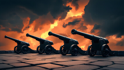 Cannon firing on the beach with fire and old military artillery