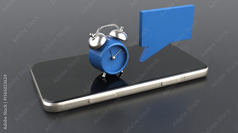 Poster smartphone mock up featuring a blue alarm clock and speech bubble icon, symbolizing time management 
