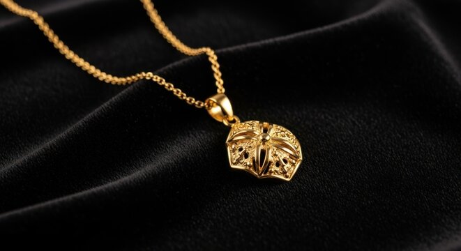 A vibrant golden locket on the velvety and soft black cloth 