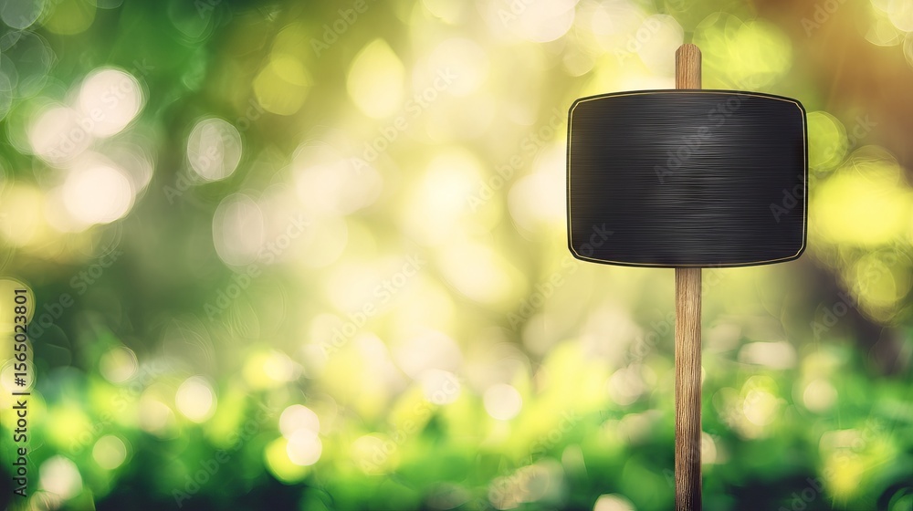Poster blank wooden signpost stands in a lush green environment, surrounded by soft bokeh lights, creating 