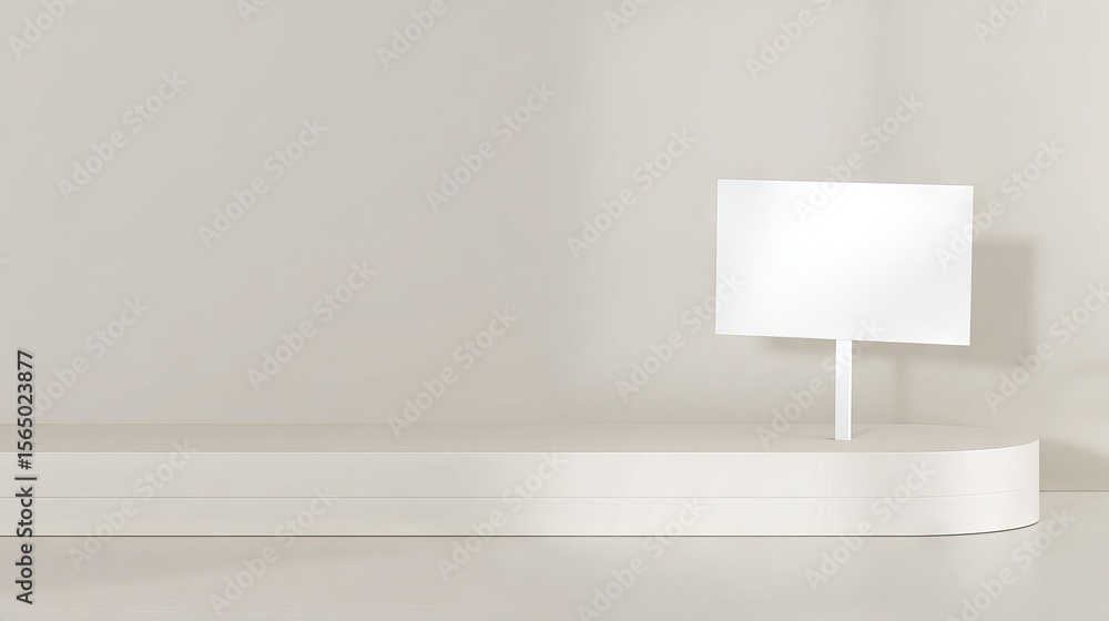 Poster minimalist mock up display featuring a blank white sign on a sleek curved surface against a soft bei