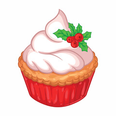 Cupcake with whipped cream and holly berry. Vector illustration