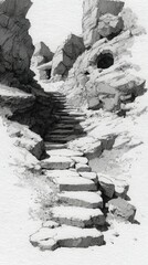 Monochrome Ink Sketch of Ancient Stone Steps Winding Through Mountain Rocks - Historical Hiking Trail Landscape Art