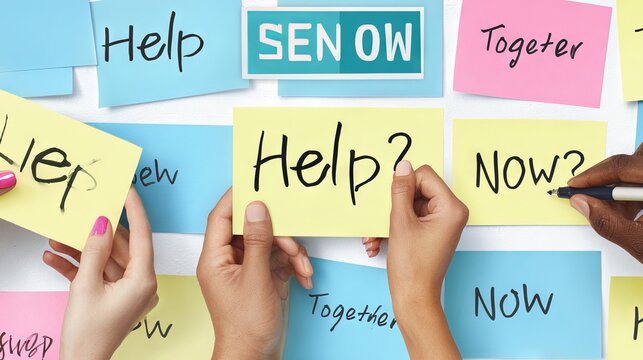 Hands of diverse individuals holding colorful sticky notes with motivational phrases, emphasizing teamwork and collaboration in a creative workspace environment for positive engagement