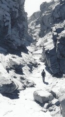 Detailed Ink Sketch of Lone Hiker in Rugged Mountain Canyon - Black and White Wilderness Exploration Art