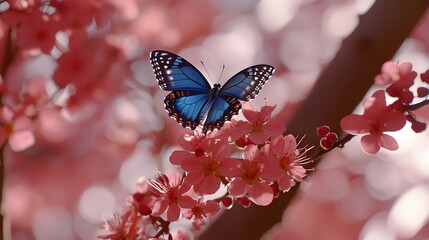 Blue Butterfly on Pink Blossom Tree Spring Nature