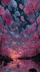 Surreal Dreamlike Landscape with Giant Pink Petal Flowers Reflecting on Water at Sunset - Fantasy Nature Art
