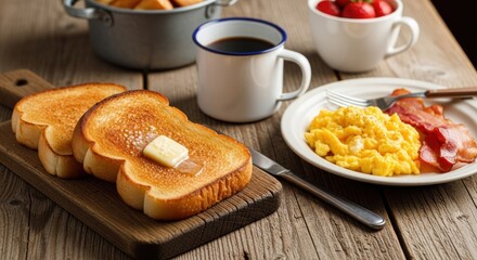 A delicious breakfast with a bred , a cup of tea on the wooden table 