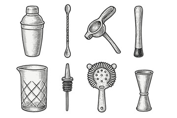 Vintage bar tools vector illustration for cocktail enthusiasts in chalkboard style