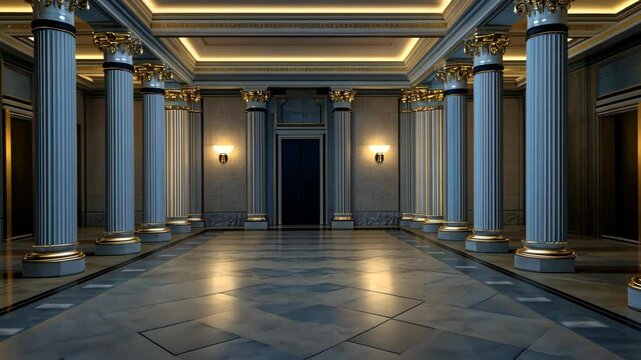 Stunning hall showcases intricate columns and warm lighting, creating an inviting atmosphere perfect for gatherings and events