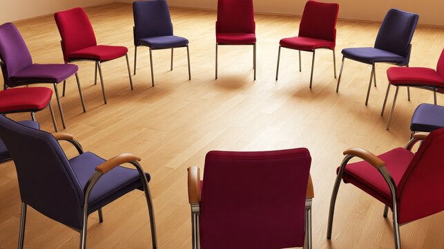 Circular arrangement of colorful chairs in a spacious room with wooden flooring, creating an inviting atmosphere for group discussions and collaborative activities