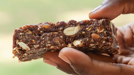 Hand holding a nutritious energy bar made of nuts and seeds, showcasing its texture and ingredients, emphasizing healthy snacking and natural food choices