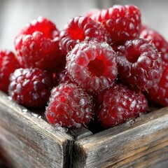Lush Red Raspberries Freshly Harvested in Rustic Wooden Crate - Delicious Ripe Berries for Healthy Food Concepts