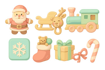 Christmas vector illustration with santa, toys, and holiday symbols in pastel colors for card or poster design