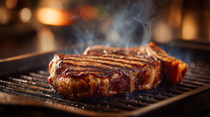 炭火グリルで完璧に焼き上げられた厚切りステーキ | 湯気と焼き色