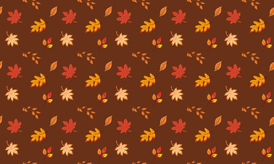 Seamless vector pattern of yellow autumn twigs and leaves on a brown background.