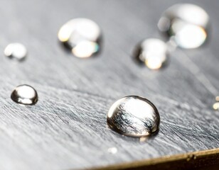 Macro: Spherical Water Droplets on Shiny Metal Surface