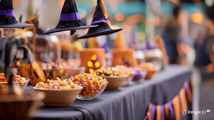 Floating witch hats over candy corn at halloween party