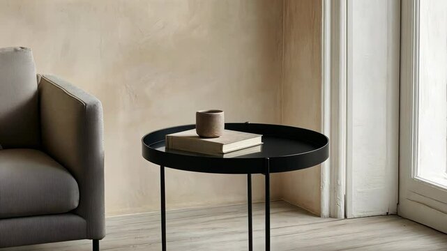 A modern living room features a cozy sofa, round black table, decorative vase, and soft rug creating a relaxing atmosphere