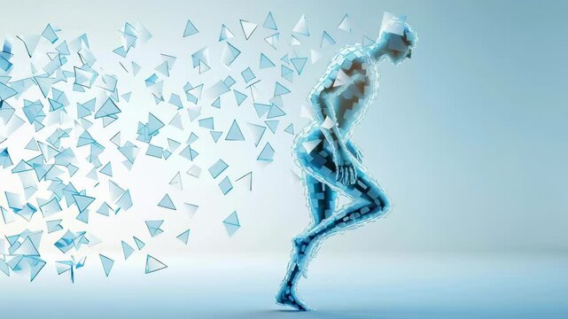 Digital human figure disintegrating into geometric blue fragments, representing mental deconstruction and psychological metamorphosis.