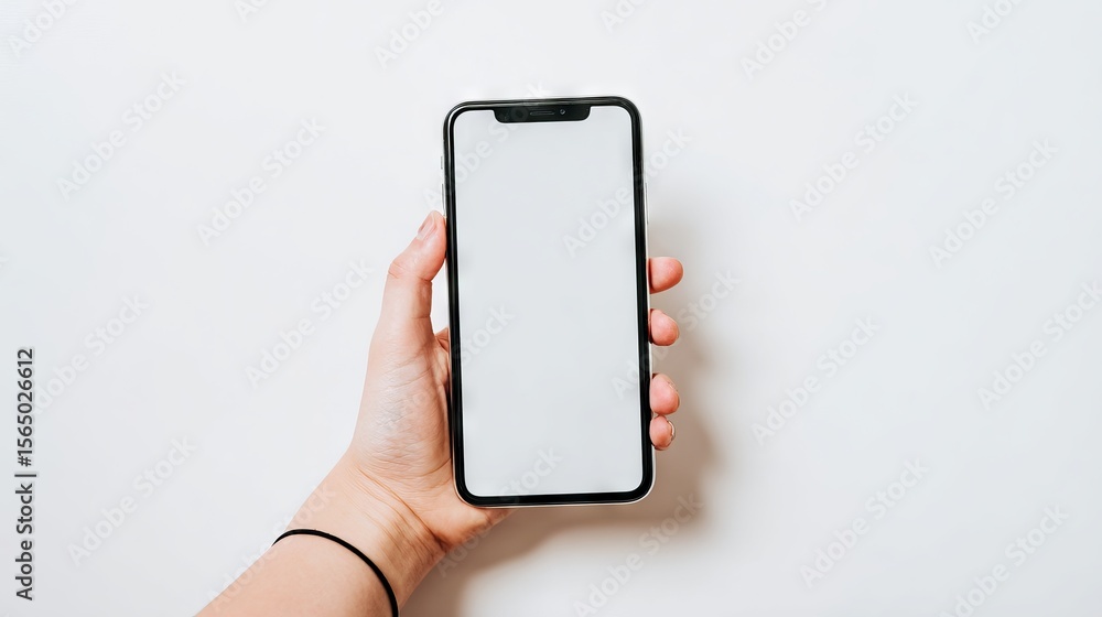 Poster hand holding smartphone mock up with blank screen against white background, ideal for design project