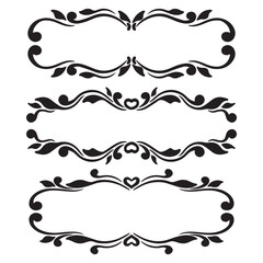 Set of vintage decorative elements for design. Black and white vector illustration.