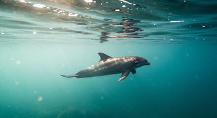 Fototapeta premium Two dolphins swimming gracefully underwater in clear blue ocean