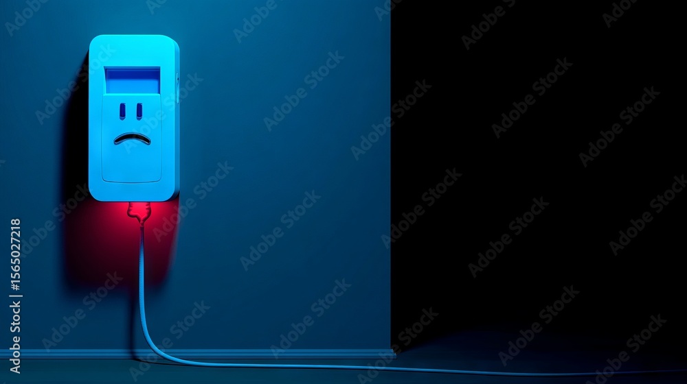 Poster wall-mounted device with a sad face illuminated in blue and red light, showcasing a unique design an