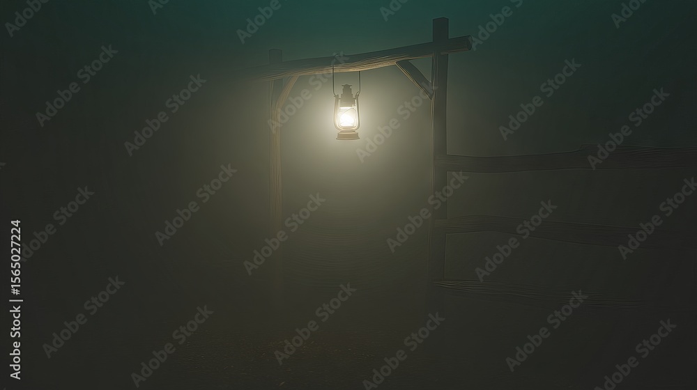 Poster lantern hanging on wooden post illuminates a foggy landscape, creating a mysterious atmosphere with 