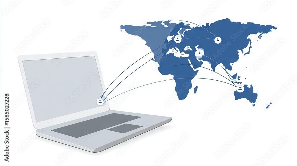 Aufkleber laptop with blank screen connected to a world map, illustrating global networking and communication,
